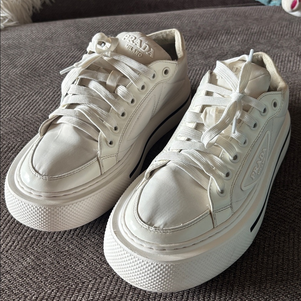 Prada women’s nylon leather platform Sneakers sz 38
